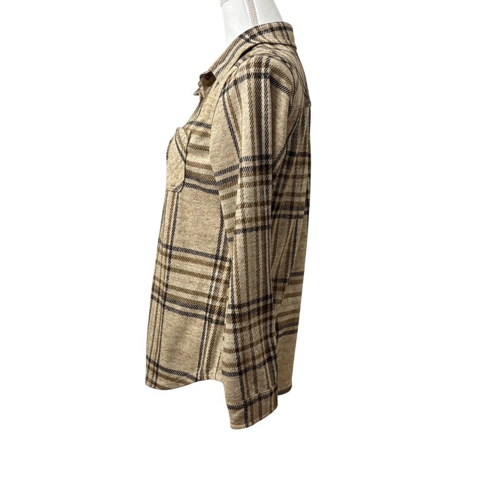 Plaid Button-Up Beige & Tan Long Sleeve Shirt Womens Size Medium CI Sono - Picture 12 of 13